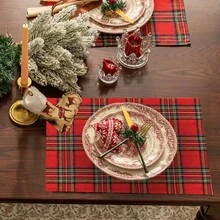 1/2/6pcs Classic Scottish Plaid Rectangular Placemats, Wrinkle-Resistant And Durable, Suitable For Christmas Party, Family Gathering Table Decor - Red - View 1