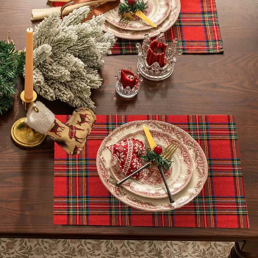 1/2/6pcs Classic Scottish Plaid Rectangular Placemats, Wrinkle-Resistant And Durable, Suitable For Christmas Party, Family Gathering Table Decor - Red - View 1
