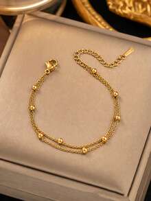 VceTd 1/2PCS Minimalist Vacation Style Asymmetrical Random Beads Chain Design Stainless Steel Women's Jewelry Set Suitable For Women's Daily Wear Or Vacation Wear Or Gift - Yellow Gold - View 8