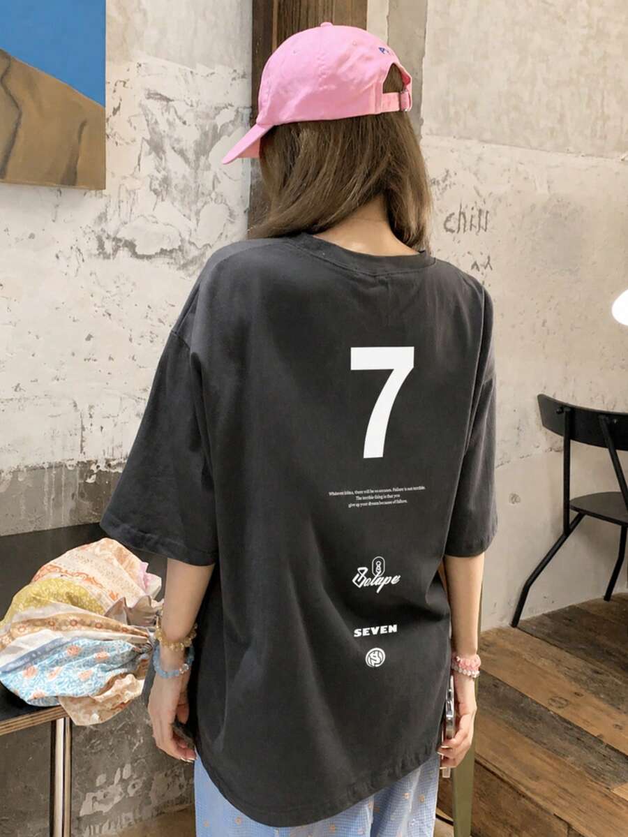 Women's Fashion Loose Fit Round Neck Casual Letter Print Short Sleeve T-Shirt, Summer - Dark Grey - View 1