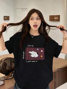 女款時尚夏季寬鬆圓領簡約字母線條小狗印花短袖T恤 黑色休閒 - 黑色 - 查看 1