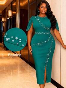 Elegant Green Mid-Length Cocktail Dress, Beaded Round Neck, Cap Sleeves, Charming Slit Thigh Pencil Skirt Knit Formal Women's Dress - Mint Green - View 6