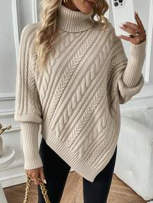 Women's AutumnWinter Fashion Solid Color High Neck Batwing Sleeve Asymmetric Hem Sweater - Dark Apricot - View 6