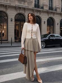 Women Fall Elegant Casual Grey Asymmetrical High Low Skirt For Office Going Out Vacation - Grey - View 1