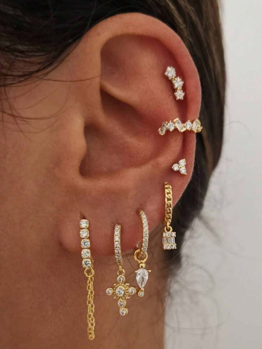 7pcs Chic Elegant Earring Sets Earrings Stack Stack Silvery Golden Zirconia Star Cross Drop Cuff Hoop Party Jewelry Daily Wear