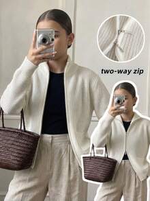 Girls' Casual Solid Color High Neck Pocket Knitted Cardigan Sweater Jacket, Long Sleeve, Suitable For Vacation, Leisure, Spring, Autumn, Winter - Apricot - View 1