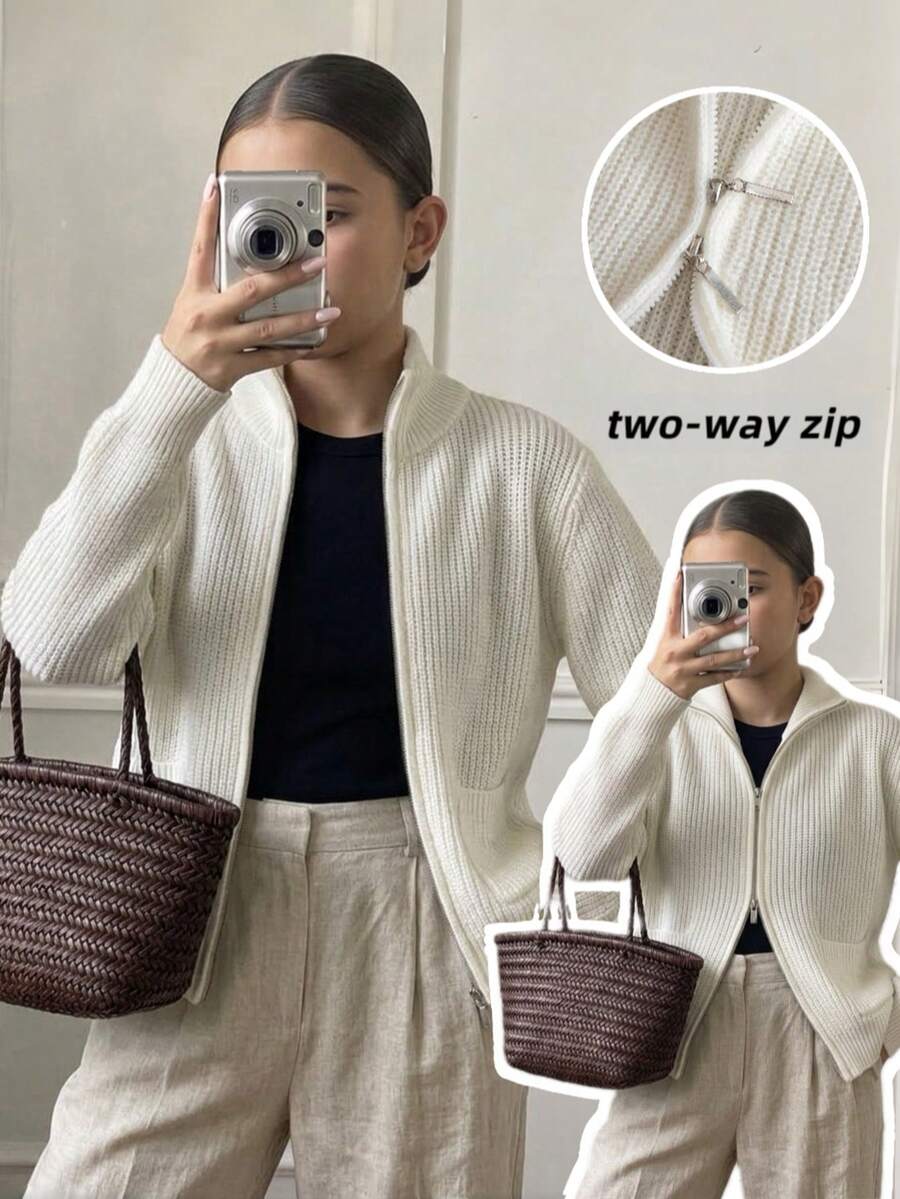 Girls' Casual Solid Color High Neck Pocket Knitted Cardigan Sweater Jacket, Long Sleeve, Suitable For Vacation, Leisure, Spring, Autumn, Winter - Apricot - View 1
