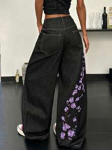 Korean Streetwear Unique Embroidered Women's Jeans Daily Commute Casual Loose Wide Leg Pants Comfortable All Season Versatile Long Pants (No Belt Or Accessories Included.) - Purple - View 11