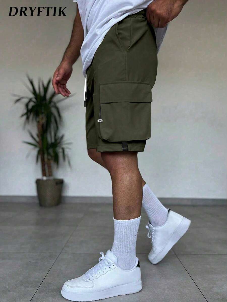男式炫酷多口袋设计抽绳直筒修身工装短裤 - 軍綠色 - 查看 1