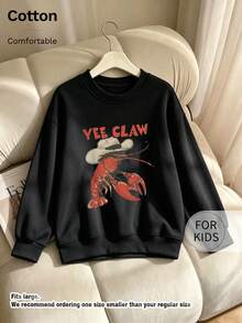 Tween Girl Crew Neck Sweatshirt, Yee Claw Cowboy Lobster Graphic Printed Cotton Pullover For Tween Girl - Black - View 9