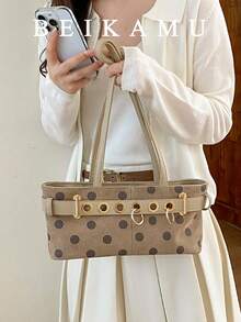 1pc Polka Dot Pattern Suede Tote Bag, Strap Metal Eyelet Decor Shoulder Bag Baguette Bag, Suitable For University, Commute, Shopping, Street Shopping, Daily Use - Khaki - View 4
