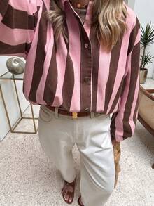 Women's Vertical Striped Loose Shacket, Lapel Long Sleeve Button-Up Casual Outerwear, Y2K Street Style Outing Jacket - Pinkish Brown - View 9