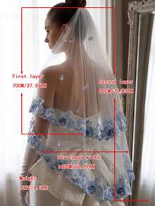 Fresh Blue Floral Embroidered Double Layer Veil, Vintage Mori Style Outdoor Wedding Bridal Face Veil Photography Styling Accessory - Multicolor - View 10