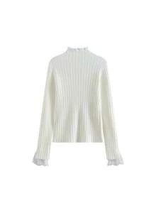 Autumn/Winter Korean Style Elegant Gentle Semi-High Neck Lace 2 In 1 Layering Knit Sweater Tops - White - View 6