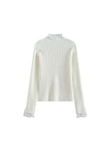Autumn/Winter Korean Style Elegant Gentle Semi-High Neck Lace 2 In 1 Layering Knit Sweater Tops - White - View 5