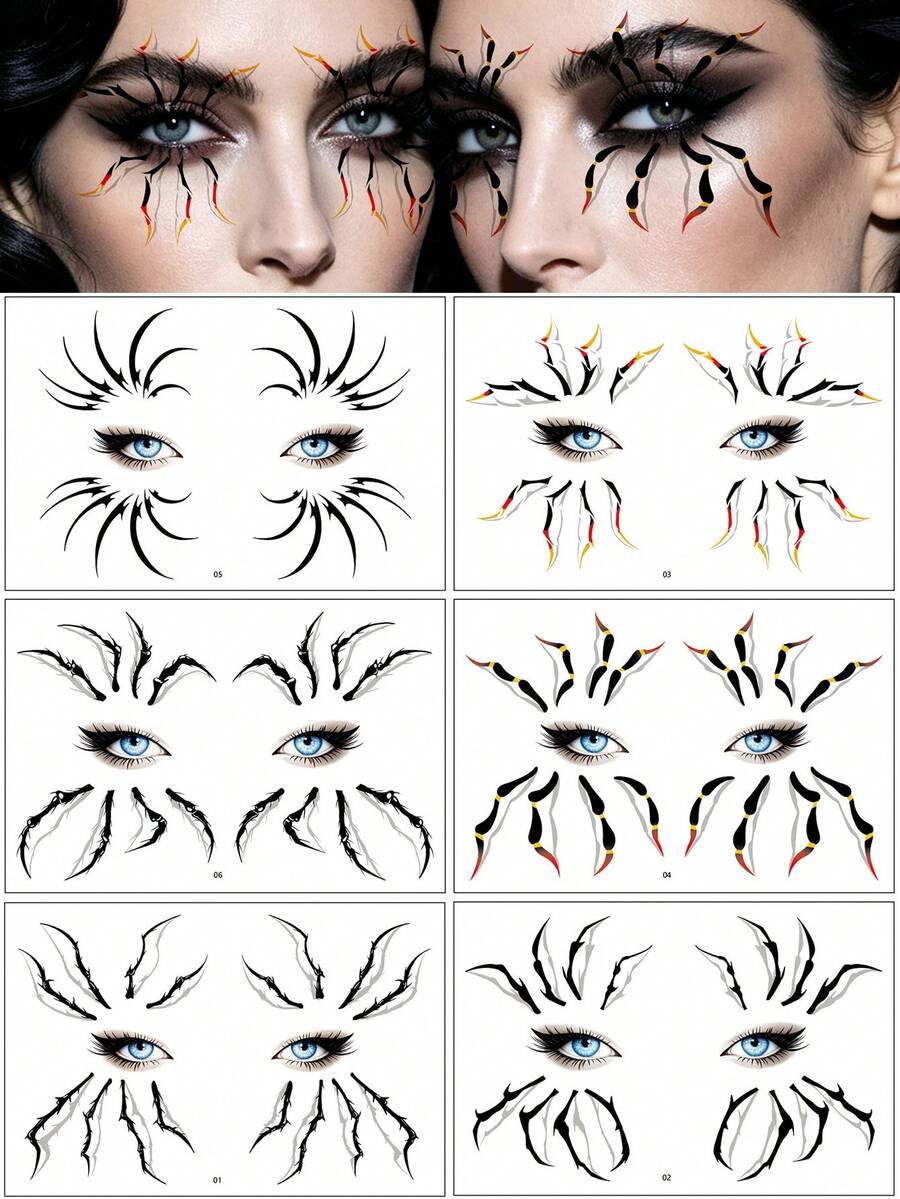 6 Sheets Halloween Spider Leg Temporary Tattoo Stickers For Eyes, Holiday Party Face And Eye Makeup Fake Tattoo Stickers - Multicolor - View 1