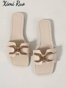 Ximi Ruo Spring/Summer New Women's Fashion Casual One-Strap Slide Sandals, Comfortable Flat Low-Heel Round Toe Slip-On Sandals For Outdoor Wear, Beach Shoes, Versatile Decorative Flat Sandals For Women - Beige - View 8
