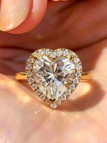 1 Pc Women's Gold Tone Heart‑Shaped Cubic Zirconia Halo Ring, Suitable For Wedding, Party Wear, Valentine's Day Gift. No Box. - Gold - View 2