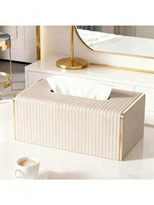 PU Leather Striped Tissue Box, Nordic Luxury Hotel Style, Gold Trim Tissue Box, Creative Large Size Tissue Box For Living Room And Bedroom, Mother's Day Gift - Multicolor - View 7
