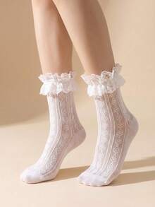 2/4 Pairs Women's Ruffle Lace Mid-Calf Socks, Heart-Shaped Mesh Hollow Lace Socks, Sweet Lolita Style Women's Socks - Multicolor - View 3