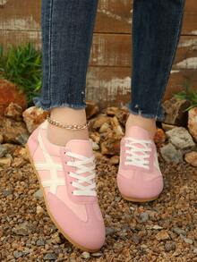 Women's Round Toe Colorblock Soft Sole Flat Lace-Up Style Retro Casual Sneakers For Spring And Autumn Daily Wear - Pink - View 4