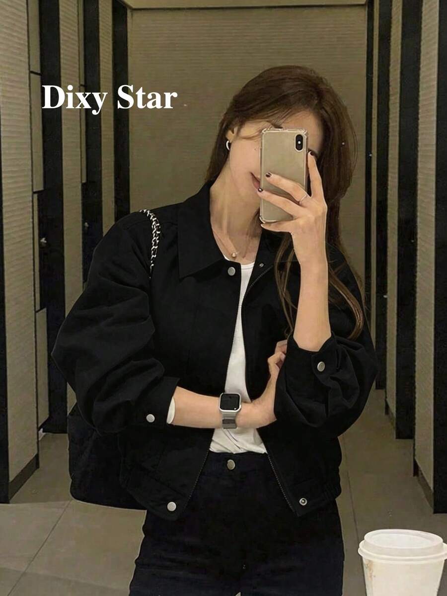 Premium Elegant Solid Color Short Jacket For Women, Small Plaid Minimalist Casual Versatile Workwear Top, Spring/Autumn New Arrival - Black - View 1