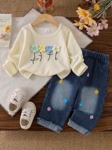 Baby Girl Spring/Autumn New Bohemian Style 2-Piece Set, 3D Multicolor Floral Round Neck Long Sleeve T-Shirt Top And Multicolor Floral Embroidered Denim Long Pants - Apricot - View 1