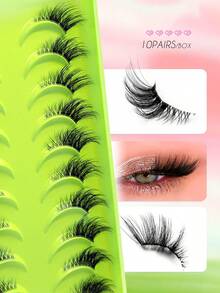 10 Pairs Half Eyelashes, Tail Extended Cat Eye Fox Eye Eyelashes, Outer Corner Extended Style, Daily Reusable False Eyelashes, Long Soft 3D Faux Mink Hair Eyelash Extensions For Makeup - Black - View 3