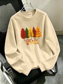 Plus-Size Women's Fashion Crew Neck Sweatshirt, Autumn Colorful Tree "Fall Is My Favorite Color" Maple Leaf Graphic Print, Casual Everyday Women's Top - Apricot - View 4