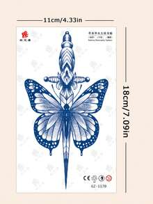 1 Set 2pcs Waterproof Butterfly Wing Tattoo Stickers, Semi-Permanent Botanical Temporary Tattoo, Sexy Waterproof Non-Reflective, Easy To Use, Suitable For Men And Women Back, Chest And Other Body Parts, Lasts 7-14 Days, Essential For Parties And Music Festivals - Blue - View 5