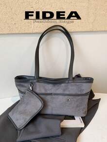 New Large Capacity Matte PU Shoulder Bag, Women's Minimalist Colorblock Handbag With Detachable Charm Pouch, Versatile For Work, Travel And Daily Use - Grey - View 8