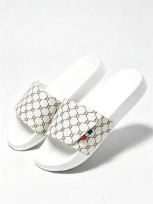 1 Pair Interlocking Plaid Pattern Sporty Slide Sandals, Outdoor Beach Slippers, Indoor Home Slippers, Suitable For Daily Wear, Soft Sole, Q-Bounce, Hook And Loop Adjustable - White - View 4