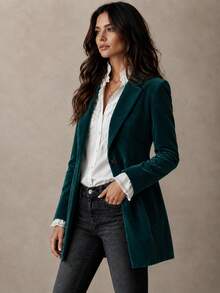 Women's Vintage Green Velvet Lapel Jacket, Autumn/Winter Long Sleeve Button Design, Old Money High-End Commute Vintage Blazer Fall - Green - View 5