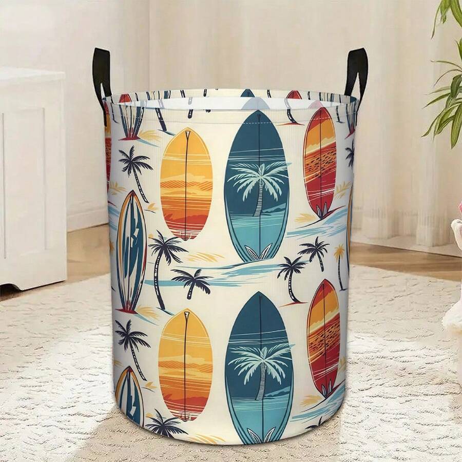 1pc Vintage Surfboard & Palm Tree Print Collapsible Laundry Basket With Handle, Tropical Beach Style Dirty Clothes Storage Bin, Suitable For Bedroom, Bathroom And Summer Home Decor - Multicolor - View 1