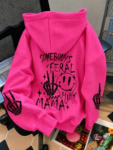 Plus Size Autumn/Winter Casual Sweatshirt, Halloween Plus Size Cool Skull Hand & Face Print And English Text Print Thin Long Sleeve Drawstring Sweatshirt With Pockets, Comfortable Women's Autumn/Winter Daily Wear Clothing, Suitable For Daily Outings, Parties, School, Music Festivals, Vacations And Commuting. Can Be Given As A Gift To Family, Boyfriend, Girlfriend, Friends, Ideal Autumn/Winter Outfit For Girls - Hot Pink - View 1