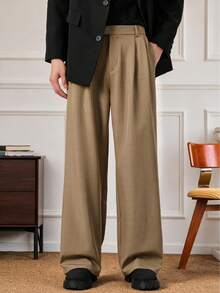 Men's Minimalist Design Casual Drape Wide Leg Waist Hidden Button Versatile Suit Pants - Mocha Brown - View 3