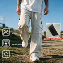 Men's Solid Color Flap Pocket Drawstring Elastic Waist Wide Leg Cargo Pants, Loose Straight Leg Casual Streetwear Trousers - Light Grey - View 4