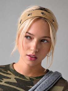 1pc Khaki Women's Y2K Punk Metal Eyelet Elastic Headband, Stretchable Fashion Hair Accessory, Autumn Hair Accessory - Khaki - View 4