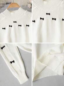 Women's Winter Korean Sweet Style Semi-High Neck 3D Bow Design Sweater, Autumn/Winter Slouchy Fashion Slimming Long Sleeve Knit Top - Apricot - View 10