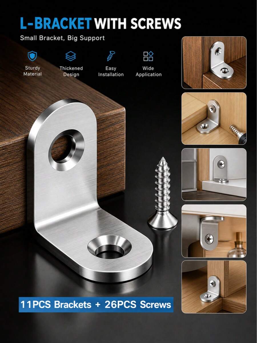 L-Shaped Angle Bracket, Metal Thickened Reinforced With Screws Set, Suitable For Wooden Furniture Chairs Drawers Cabinets, Missing Hardware Replacement Parts, Small Support Corner Brackets Fasteners