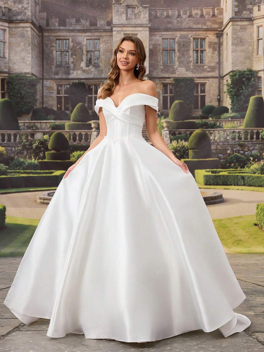 Elegant White Silk Wedding Dress, Off-Shoulder Sweetheart Neckline, Pearl Embellishments, Long Backless Design, Perfect For Creating A Romantic Bridal Look - White - View 1