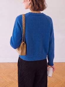 Women's Autumn/Winter Casual Minimalist Young Unique Button Round Neck Knit Cardigan Jacket - Blue - View 2