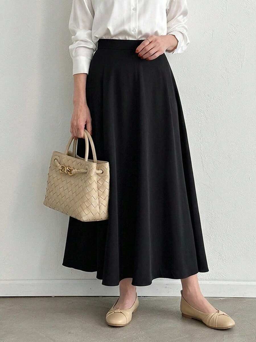 FRIFUL Falda larga acampanada de unicolor, con volantes de otoño - Negro - Ver 1