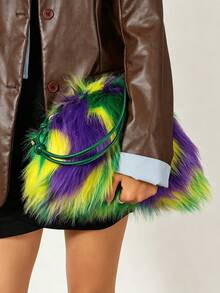 Women's Colorblock Faux Fur Crossbody Bag, Knotted Adjustable Shoulder Strap, Lightweight & Fashionable, Suitable For Party, Carnival, Winter Wear - Multicolor - View 3