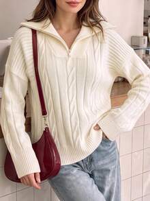 Women Fall Cream Half‑Zip Collar Cable Knit Sweater, Drop‑Shoulder Loose Long Sleeve Cropped Pullover For Daily Commute Casual Street Outfits - Apricot - View 7