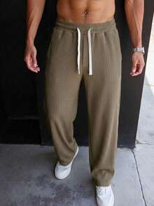 Men's Vertical Striped Corduroy Wide Leg Casual Pants, Elastic Drawstring Straight Leg Long Pants, Autumn Loose Drapey Floor-Length Trousers - Coffee Brown - View 7