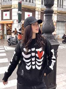 Halloween Dark Y2K Street Style, Skeleton Heart Jacquard Knit Sweater, Suitable For Back To School And Holidays - Black - View 2