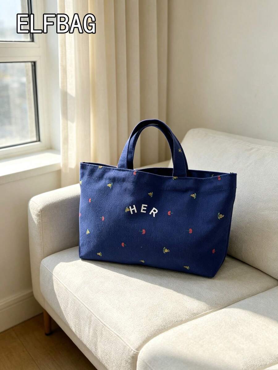 Casual Minimalist Letter Canvas Bag, Floral Pattern Handbag, Fashion Minimalist Style Women's Tote Bag, High Cost-Performance Versatile Bag Suitable For Moms With Kids, Students, Office Workers For Outings, Shopping And Street Shopping - Navy Blue - View 1