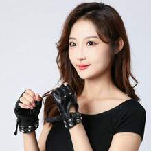 1 par de guantes góticos oscuros de media dedo para mujer, guantes de media dedo con remaches para disfraz de actuación, baile, actuación punk, discoteca, pole dance, cuero PU, baile callejero, guantes de motocicleta - Multicolor - Ver 8