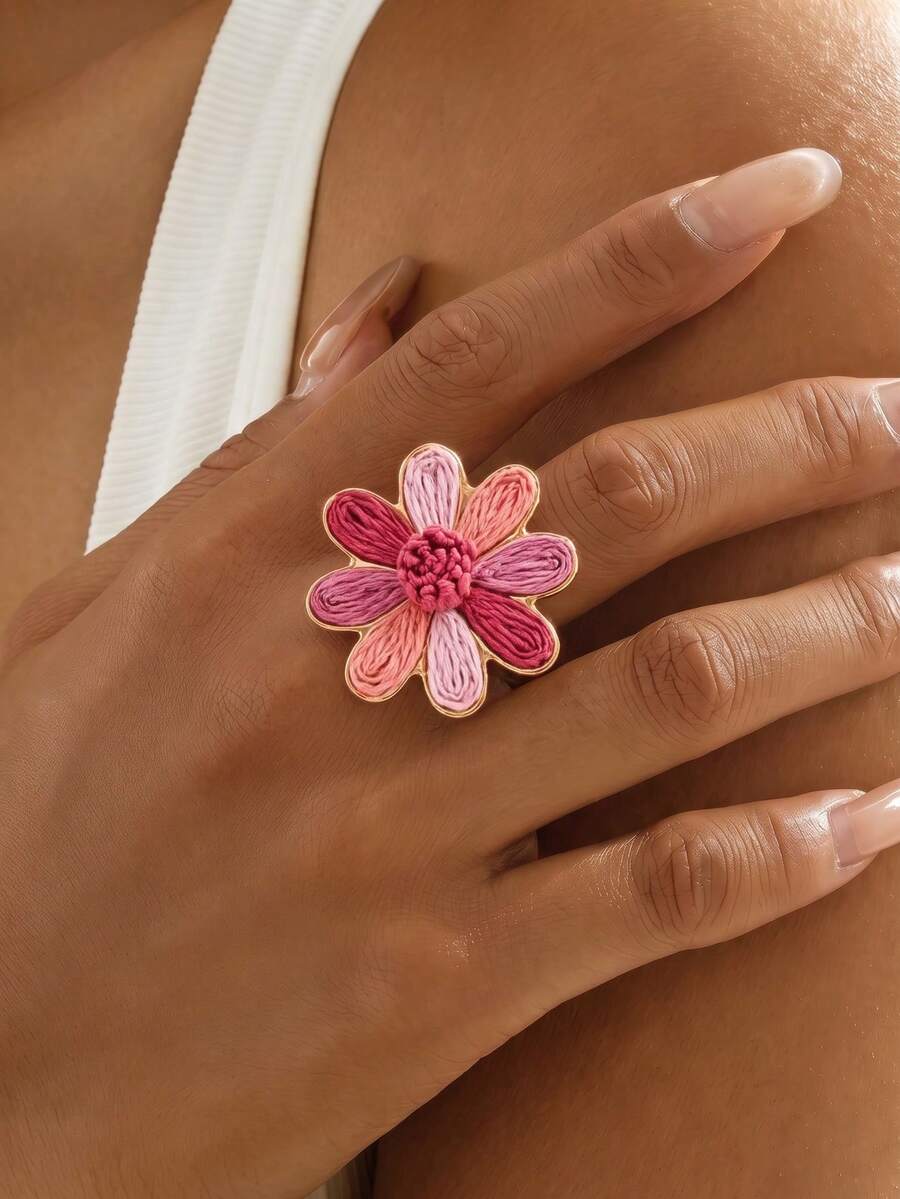 1件波希米亞風粉色花卉編織戒指,可調節,適合女性海灘出遊與日常穿著,百搭衣著 - 玫彩色 - 查看 1